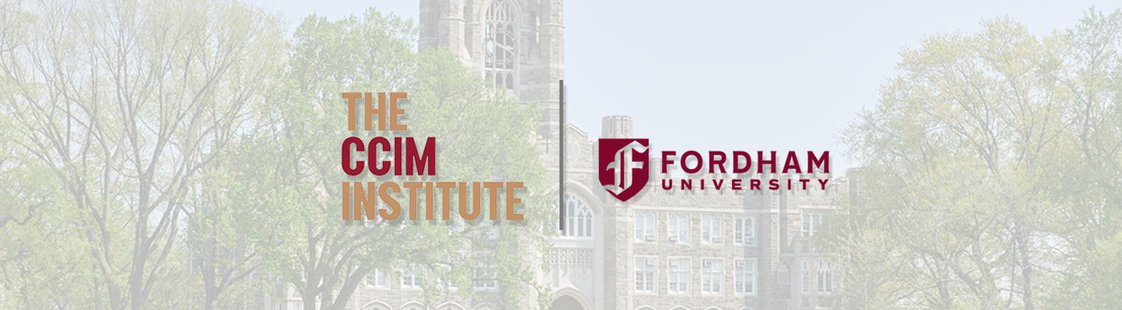 Outdoor banner displaying The CCIM Institute logo and the Fordham University shield.