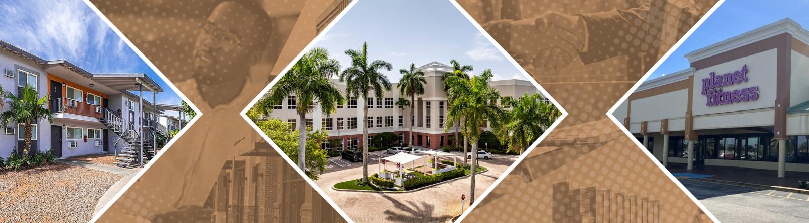 Triptych collage of storefronts flanking a palm-tree plaza on a beige patterned background.